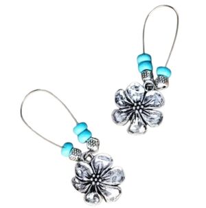 Silvertone Floral Earrings with Blue Accents